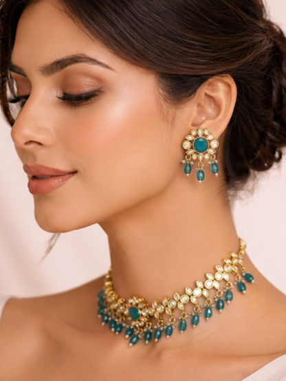 Turquoise Blue Polki Choker Set with Matching Earrings