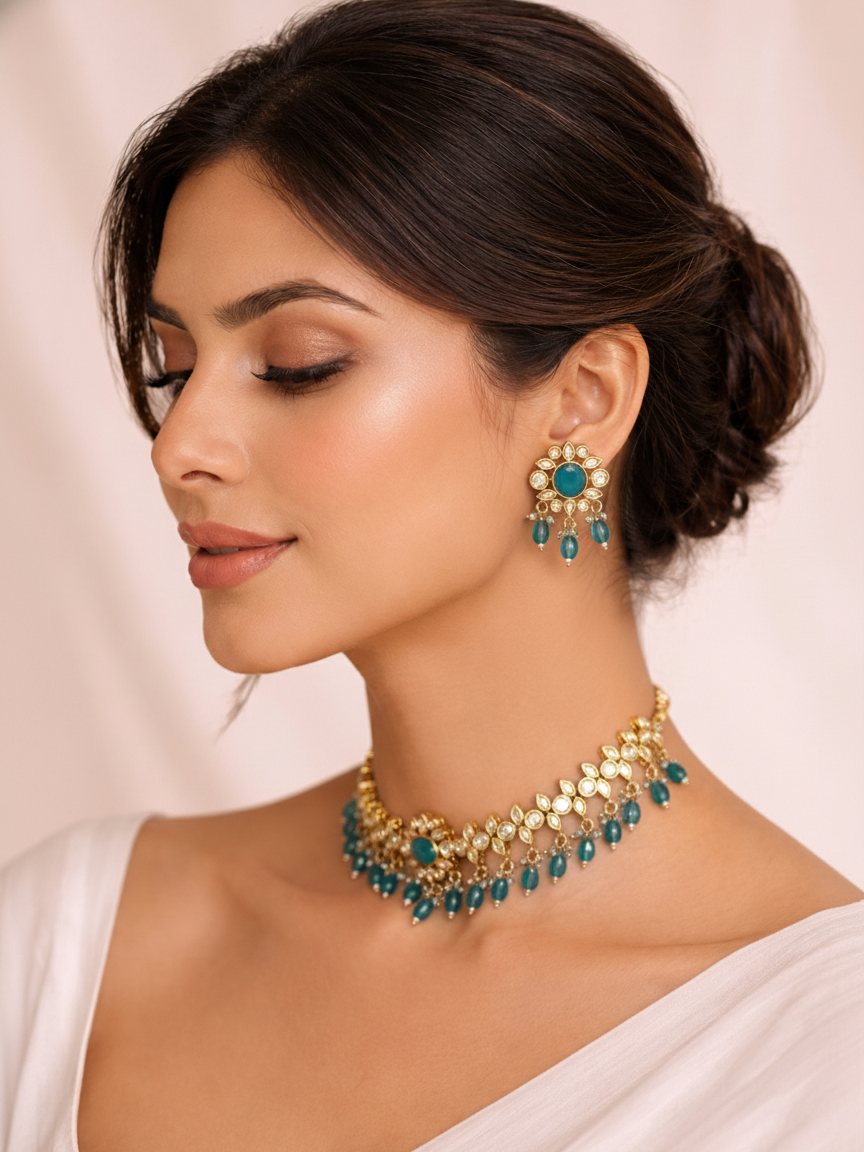 Turquoise Blue Polki Choker Set with Matching Earrings