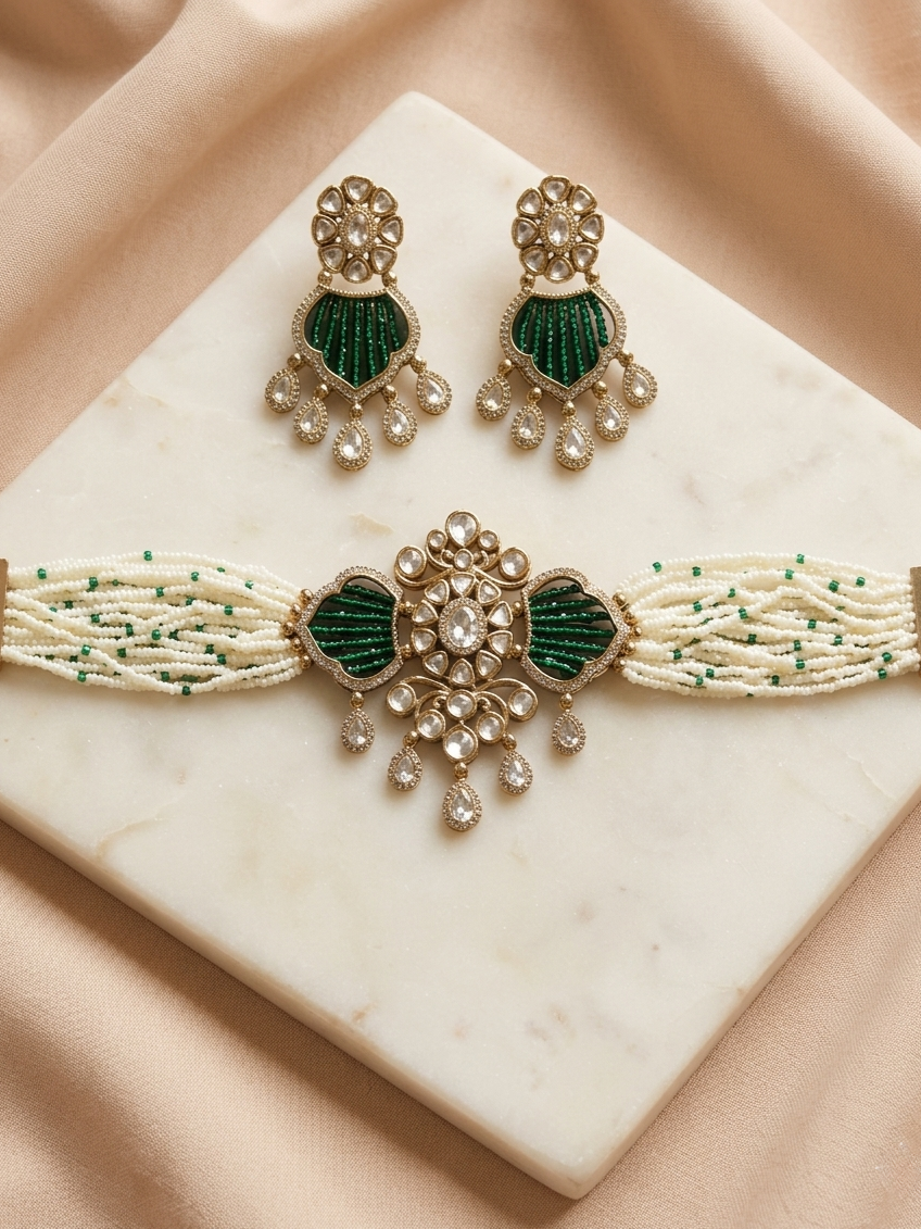 Emerald Green Bridal Polki Piroi Choker Set
