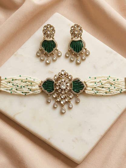 Emerald Green Bridal Polki Piroi Choker Set