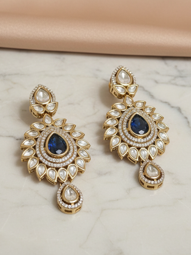 Polki Teardrop Earrings with Blue Stone
