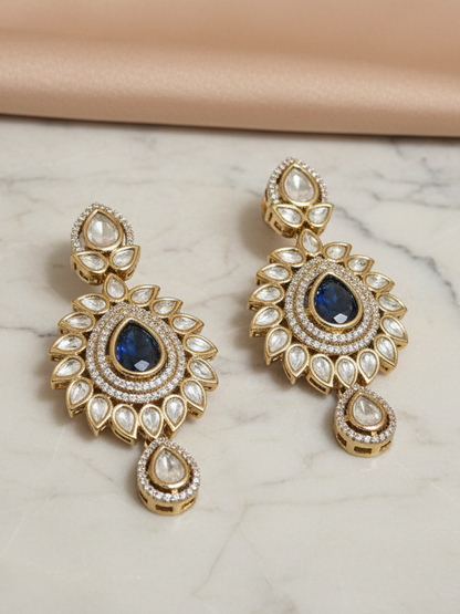Polki Teardrop Earrings with Blue Stone