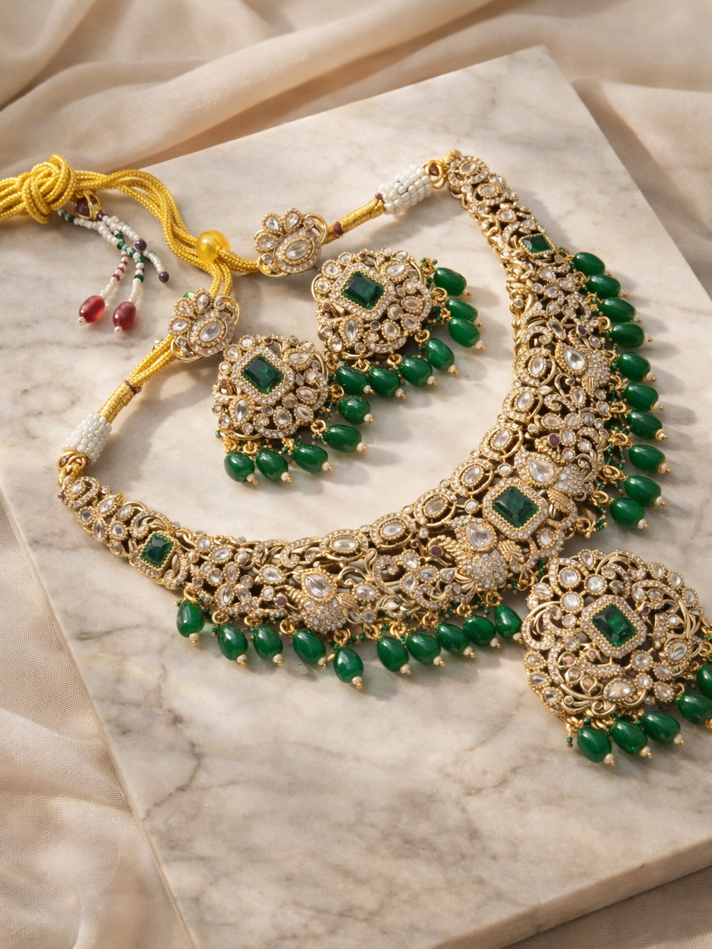 Polki-Inspired Emerald Green Necklace Set with Matching Earrings