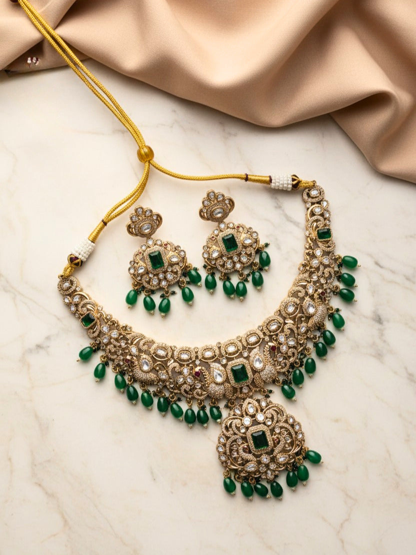 Polki-Inspired Emerald Green Necklace Set with Matching Earrings