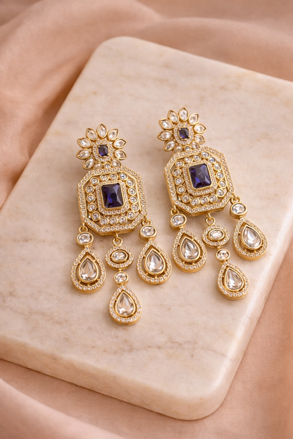 Polki Drop Earrings with Amethyst cut Stone Centre