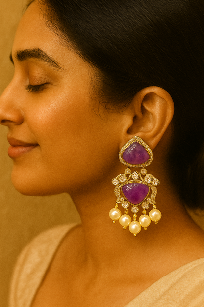 Noorvi Purple Stone Polki Statement Earrings