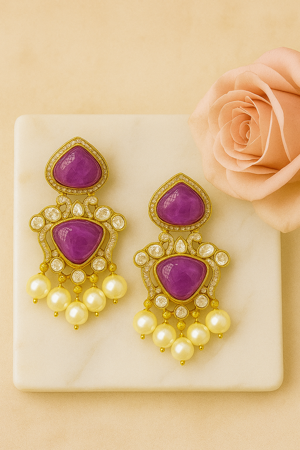 Noorvi Purple Stone Polki Statement Earrings