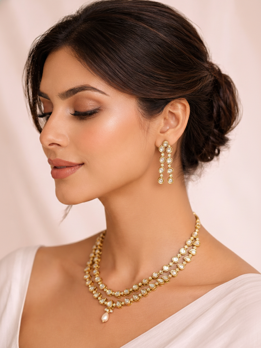 Double Line Polki Necklace Set with Drop Earrings