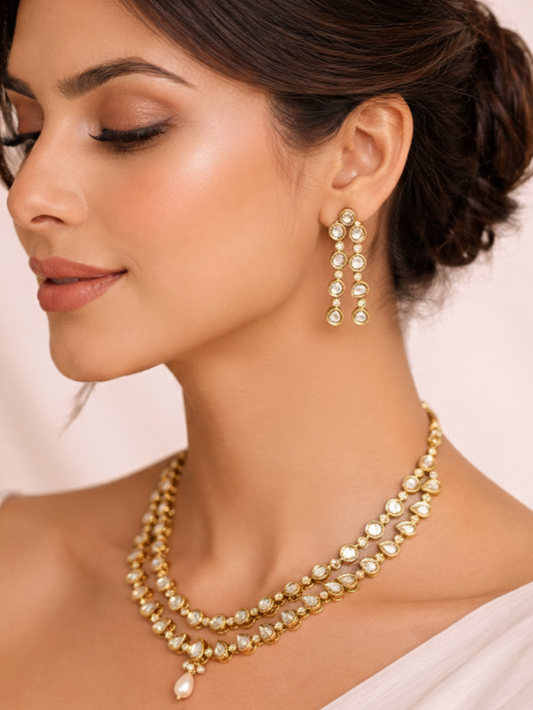 Double Line Polki Necklace Set with Drop Earrings