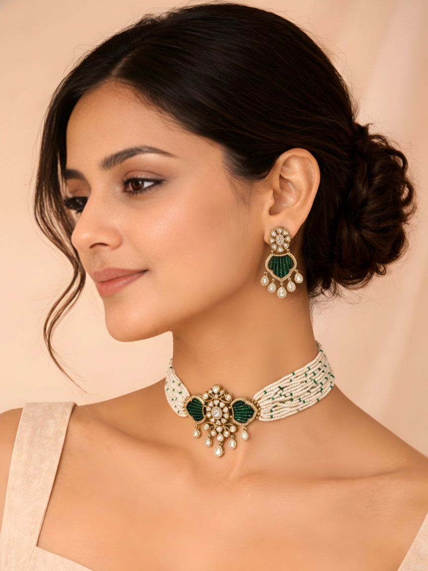 Emerald Green Bridal Polki Piroi Choker Set