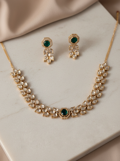 Emerald Green Moissanite Polki Necklace Set