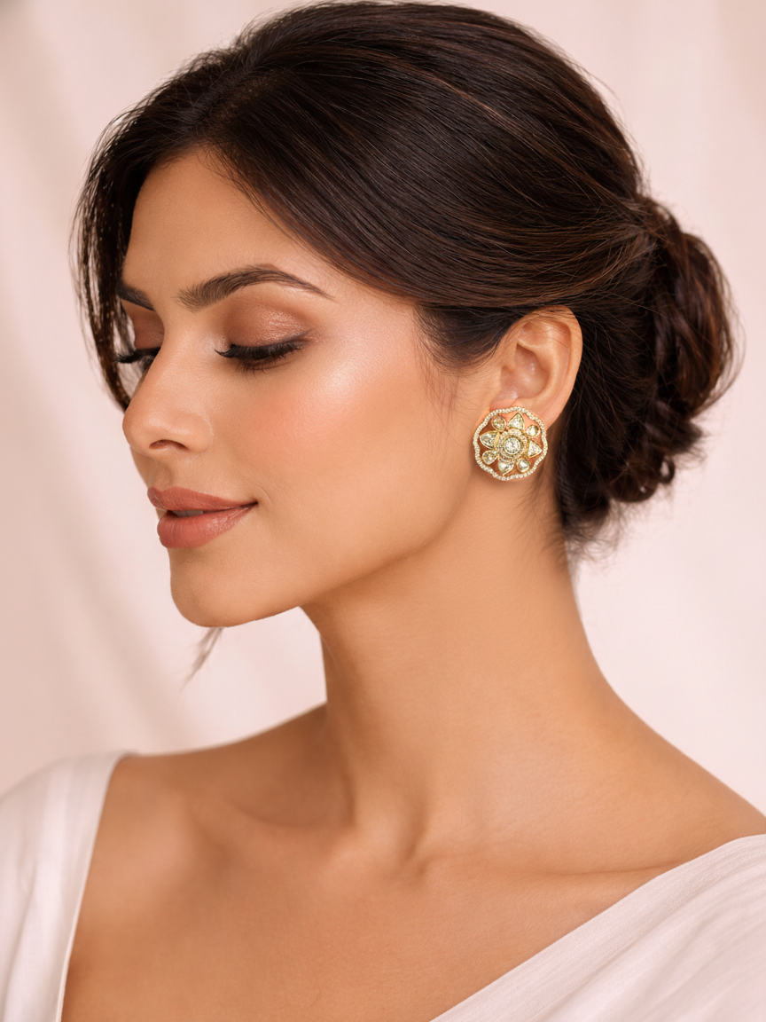 Golden Polki Stud Earrings with Floral Design