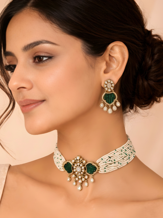Emerald Green Bridal Polki Piroi Choker Set