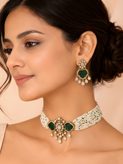 Emerald Green Bridal Polki Piroi Choker Set