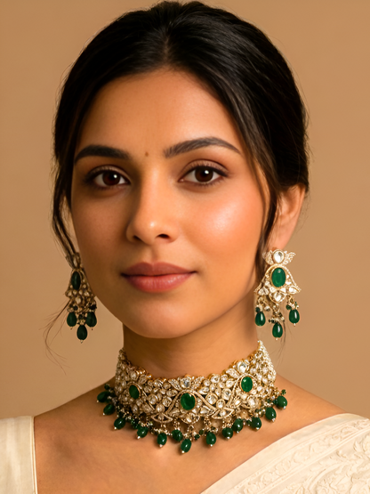Emerald Polki Choker Necklace Set