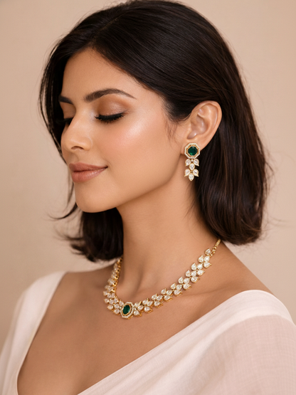 Emerald Green Moissanite Polki Necklace Set