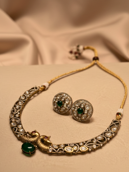 Green Stone Polki Hasli Necklace Set with Matching Stud Earrings