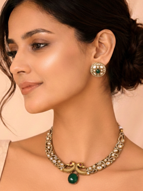 Green Stone Polki Hasli Necklace Set with Matching Stud Earrings