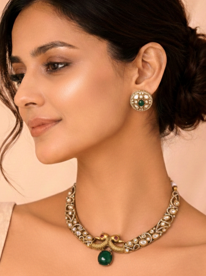 Green Stone Polki Hasli Necklace Set with Matching Stud Earrings