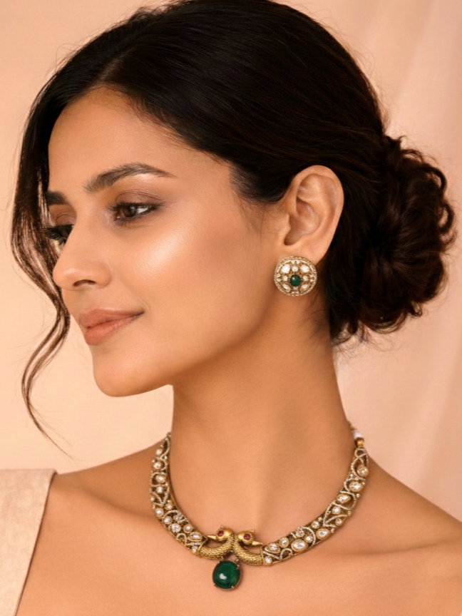 Green Stone Polki Hasli Necklace Set with Matching Stud Earrings