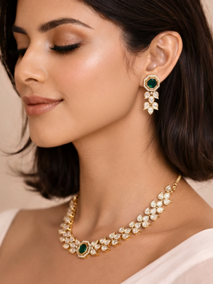 Emerald Green Moissanite Polki Necklace Set