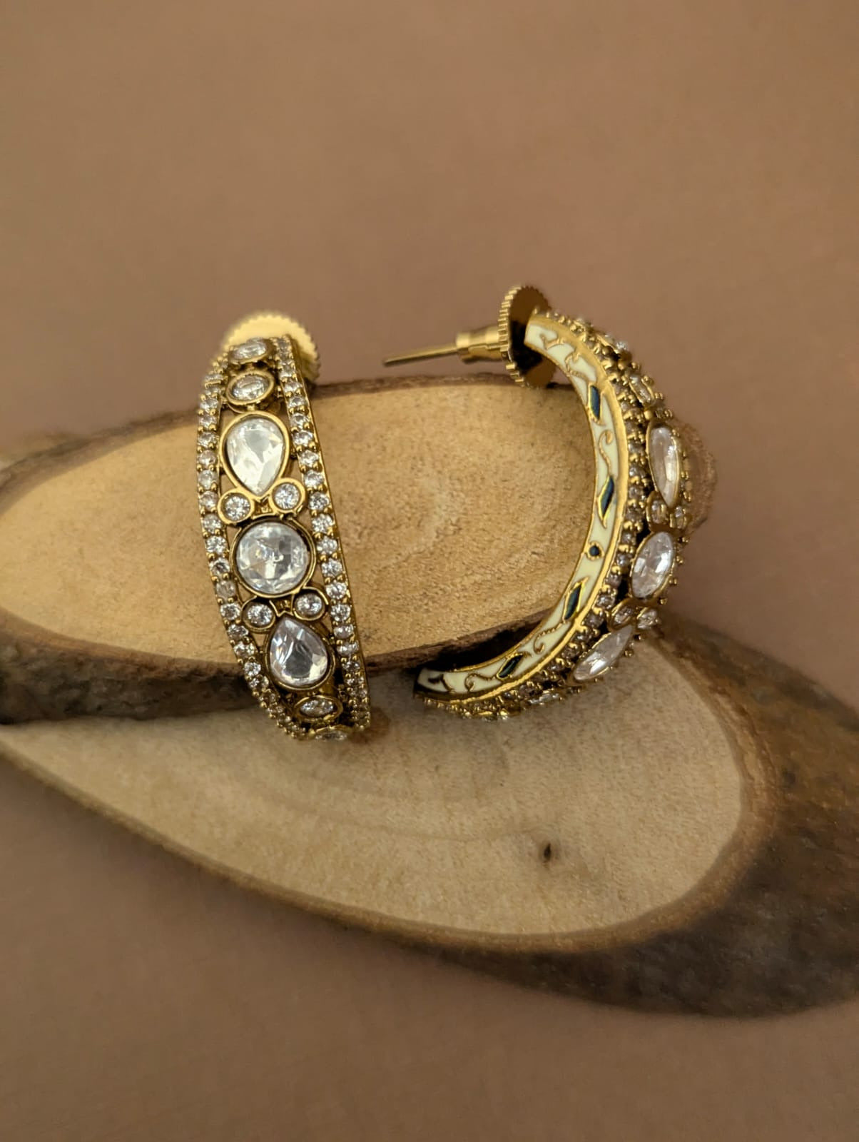 Polki Inspired Hoop Earrings with Ivory Meenakari