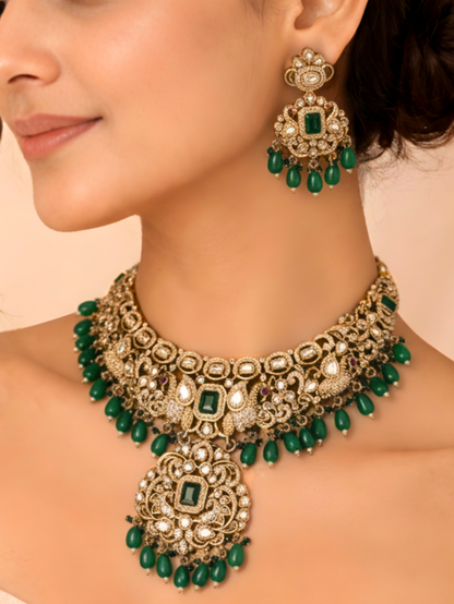 Polki-Inspired Emerald Green Necklace Set with Matching Earrings