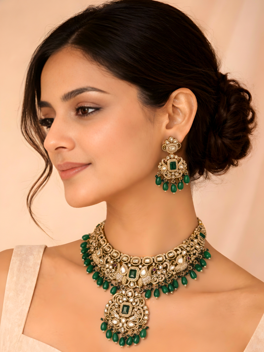 Polki-Inspired Emerald Green Necklace Set with Matching Earrings