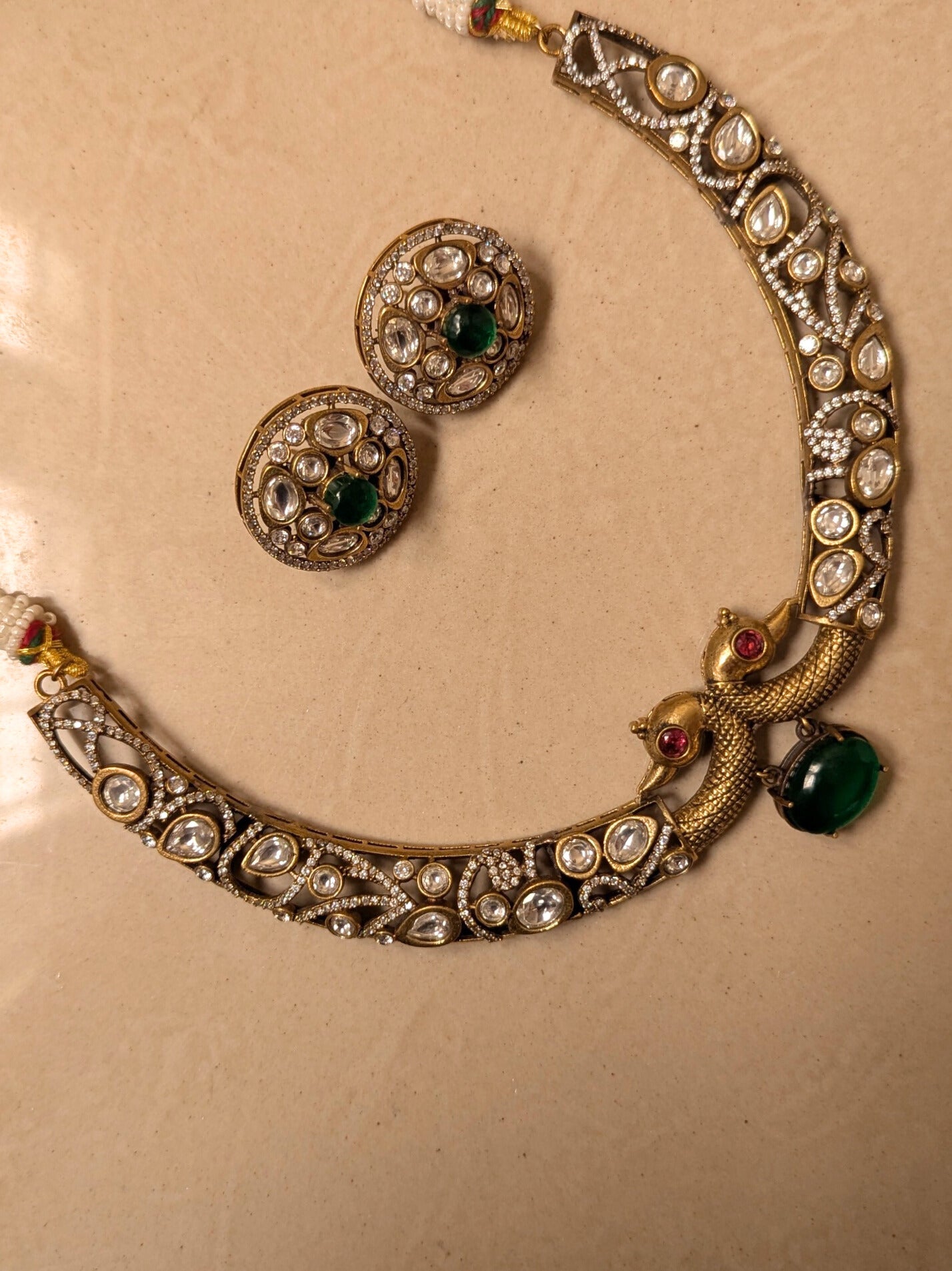 Green Stone Polki Hasli Necklace Set with Matching Stud Earrings