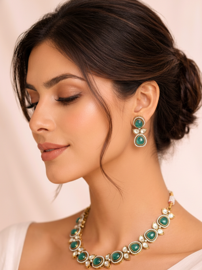 Emerald Green Polki Necklace Set with Matching Earrings