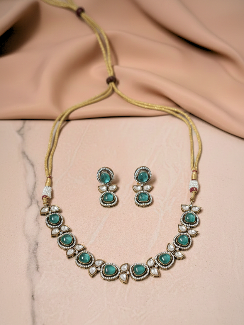 Emerald Green Polki Necklace Set with Matching Earrings