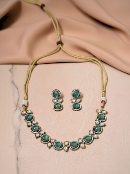Emerald Green Polki Necklace Set with Matching Earrings