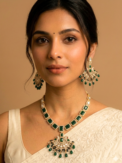 Emerald Green Polki Necklace Set with Statement Earrings