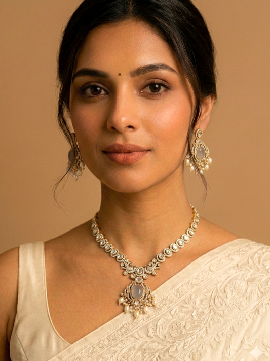 Peacock Design Grey Polki Necklace Set with Pearl Drops