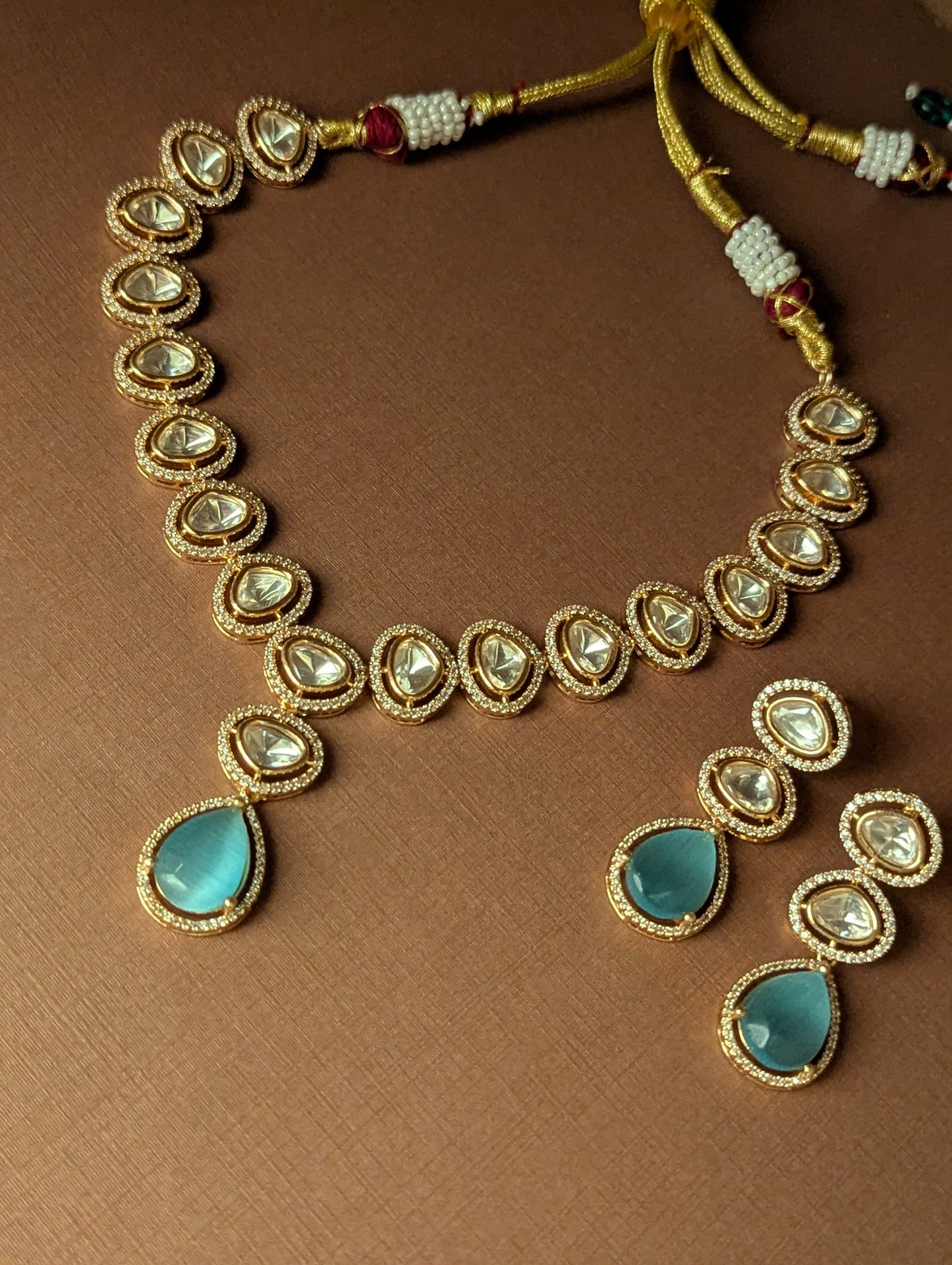 Aqua Polki Single Line Necklace Set