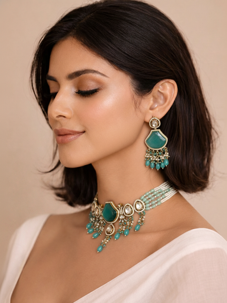 Mint Green Polki Choker Necklace Set with Beaded Drops