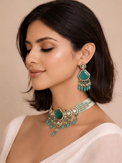 Mint Green Polki Choker Necklace Set with Beaded Drops