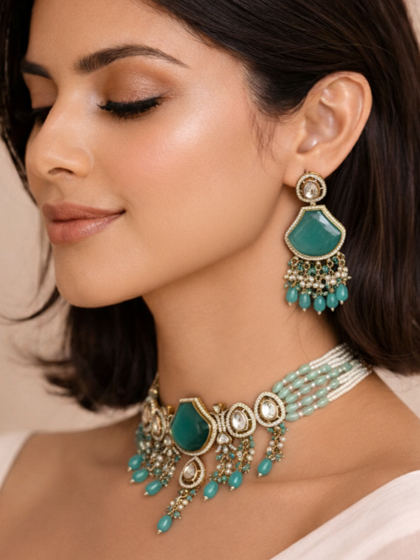 Mint Green Polki Choker Necklace Set with Beaded Drops