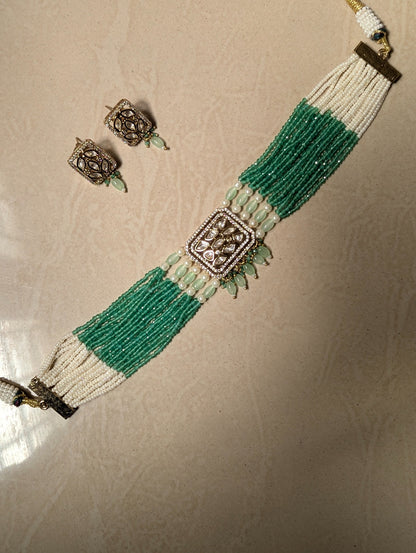 Mint Green Polki Chic Choker Set with Pearl Beads