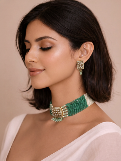 Mint Green Polki Chic Choker Set with Pearl Beads