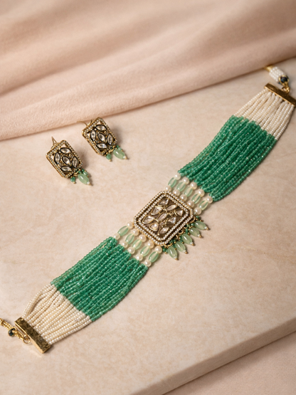 Mint Green Polki Chic Choker Set with Pearl Beads