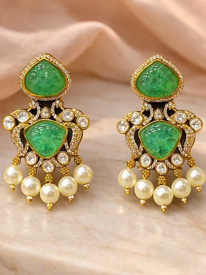 Mint Green Polki Drop Earrings with Pearl Drops
