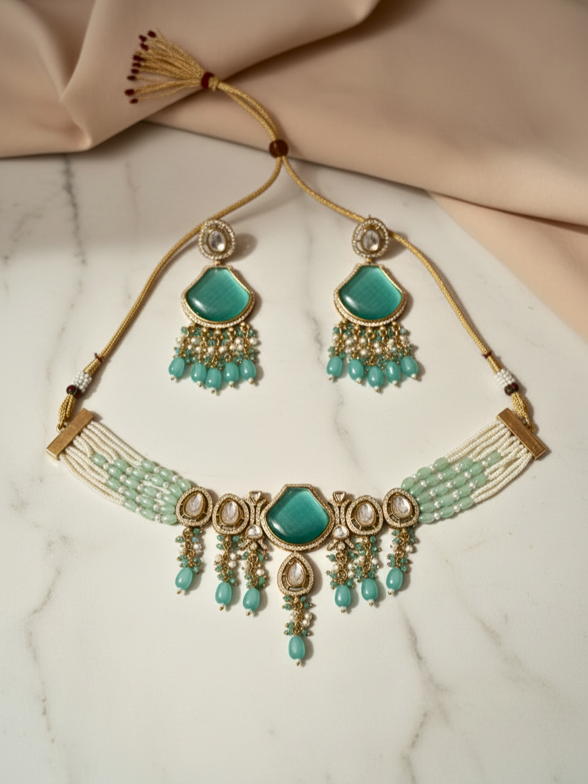 Mint Green Polki Choker Necklace Set with Beaded Drops