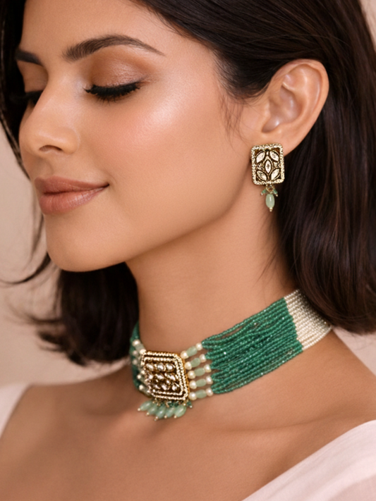 Mint Green Polki Chic Choker Set with Pearl Beads