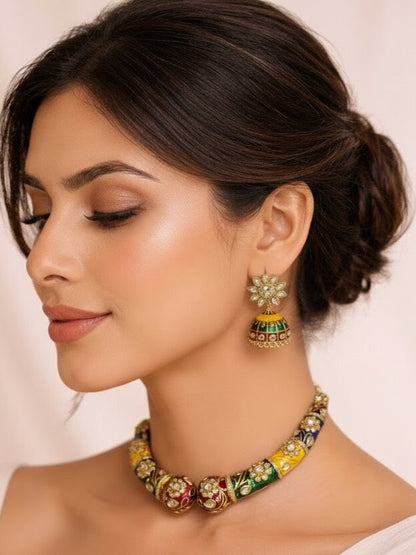 Multicolor Polki Meenakari Hasli with Jhumka Earrings