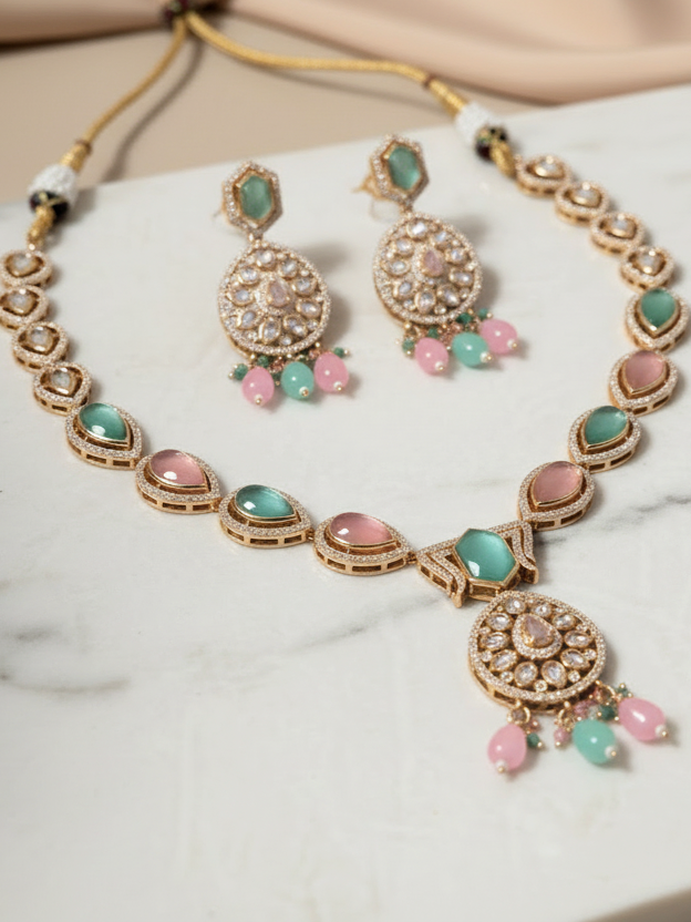 Pastel Green & Pink Polki Necklace Set with Matching Earrings