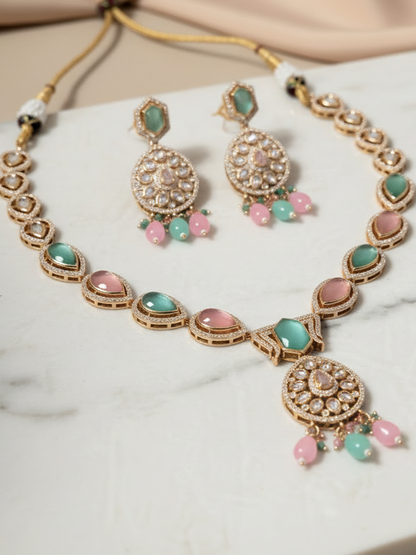 Pastel Green & Pink Polki Necklace Set with Matching Earrings