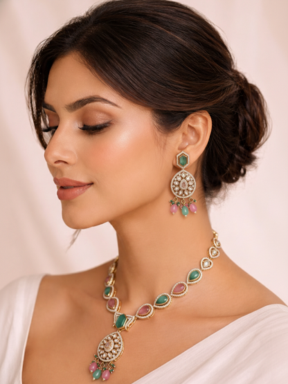 Pastel Green & Pink Polki Necklace Set with Matching Earrings
