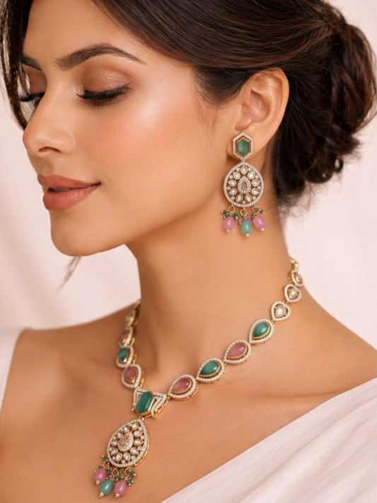 Pastel Green & Pink Polki Necklace Set with Matching Earrings