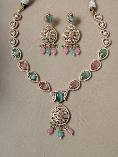Pastel Green & Pink Polki Necklace Set with Matching Earrings